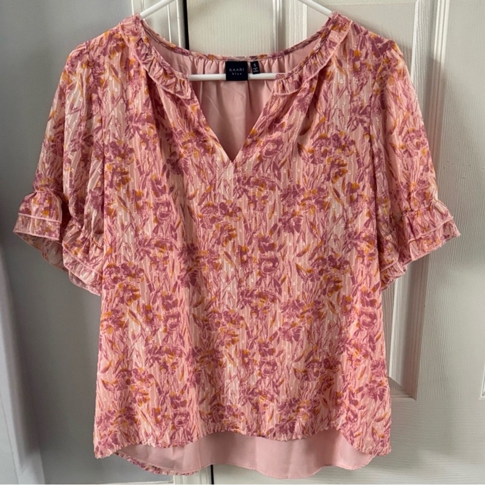 Kaari Blue Small Pink Floral Ruffle Sleeve Blouse V Neck Top